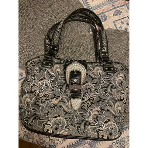 Montana West Paisley Rhinestone Buckle Shoulder Bag Black Silver Western Tote